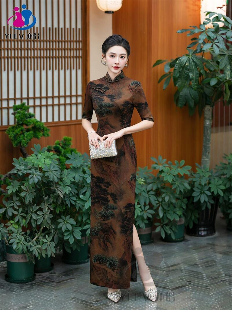 Beth and Brian Qipao-YS Plus size, long Cheongsam with elbow sleeves