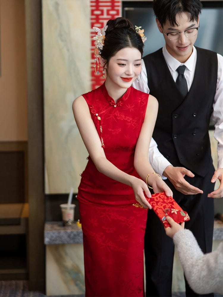 Beth and Brian Qipao-LSB Floral pattern, wedding red midi Cheongsam