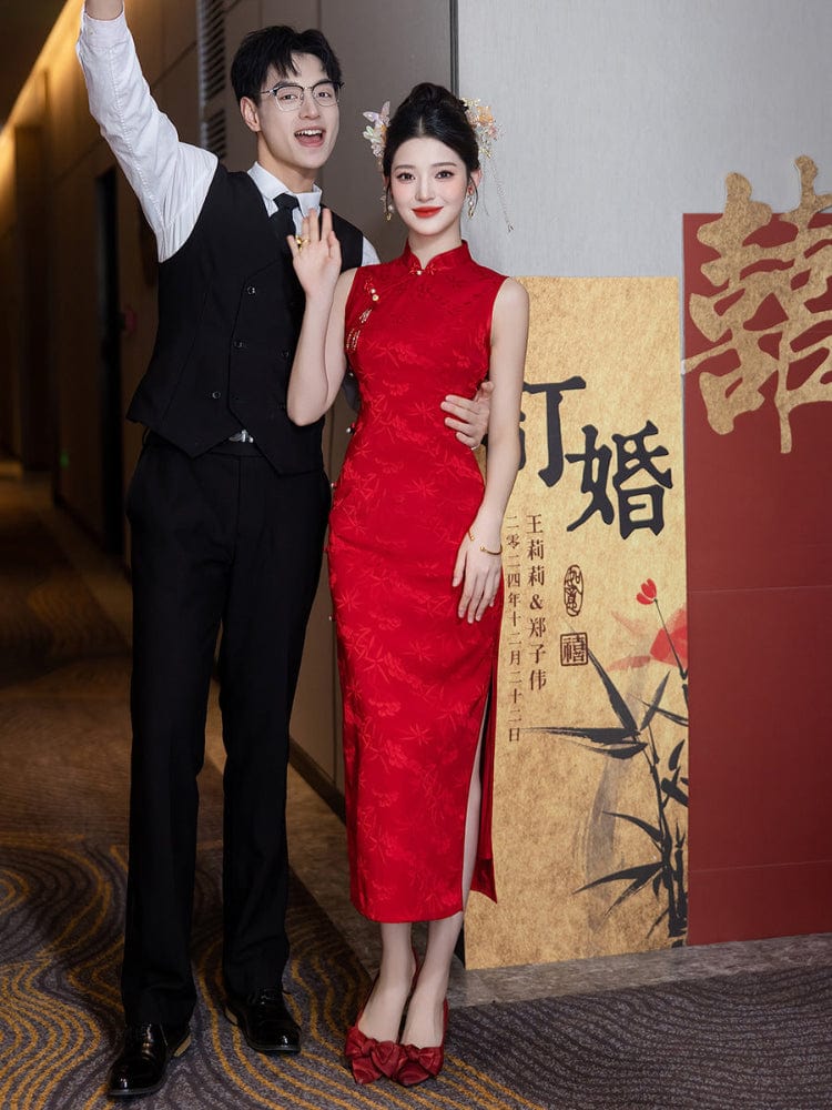 Beth and Brian Qipao-LSB Floral pattern, wedding red midi Cheongsam