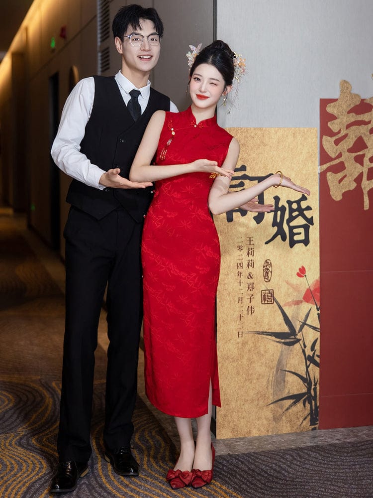 Beth and Brian Qipao-LSB Floral pattern, wedding red midi Cheongsam