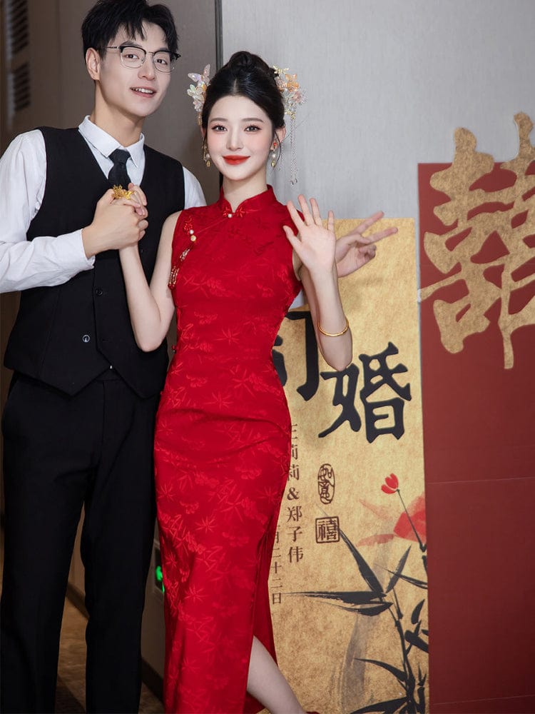 Beth and Brian Qipao-LSB Floral pattern, wedding red midi Cheongsam