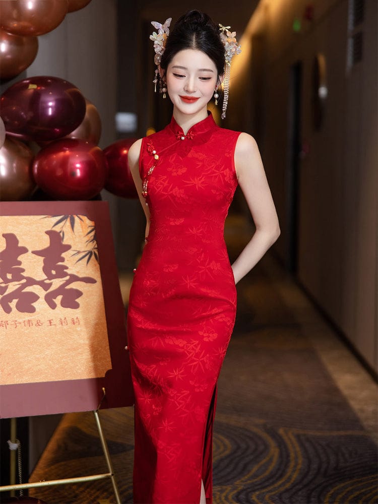 Beth and Brian Qipao-LSB Floral pattern, wedding red midi Cheongsam