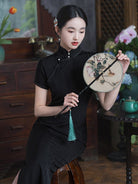 Beth and Brian Qipao-LSB Jacquard silk long Cheongsam with short sleeves