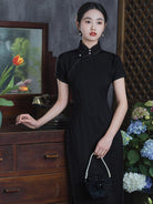 Beth and Brian Qipao-LSB Jacquard silk long Cheongsam with short sleeves
