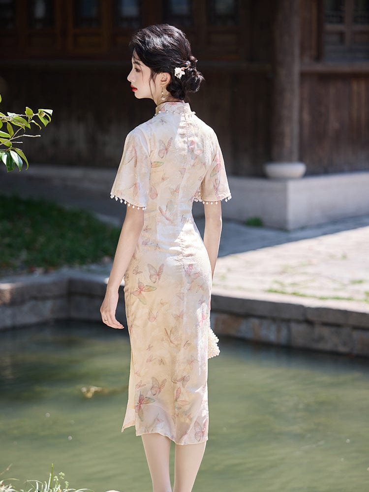 Beth and Brian Qipao-LSB Butterfly pattern, beige midi Cheongsam