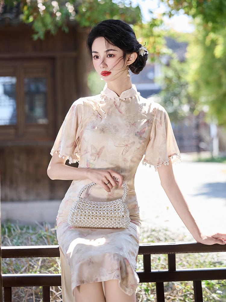 Beth and Brian Qipao-LSB Butterfly pattern, beige midi Cheongsam