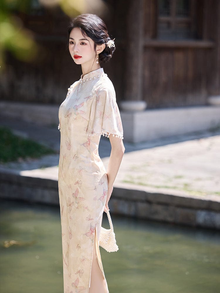 Beth and Brian Qipao-LSB Butterfly pattern, beige midi Cheongsam