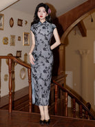 Beth and Brian Qipao-YG Flocking fabric, floral and butterfly pattern, grey midi Cheongsam