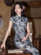 Beth and Brian Qipao-YG Flocking fabric, floral and butterfly pattern, grey midi Cheongsam