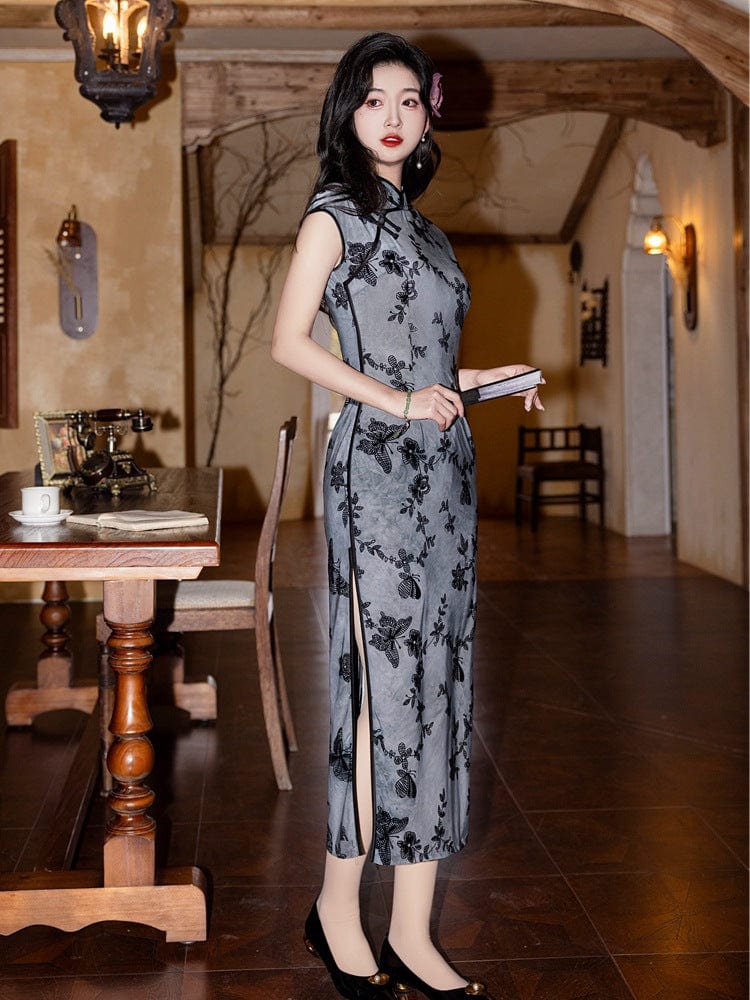 Beth and Brian Qipao-YG Flocking fabric, floral and butterfly pattern, grey midi Cheongsam