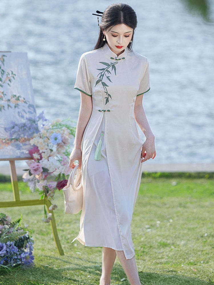 Beth and Brian Qipao-MYJ Leaf pattern, acetate fabric midi Ao dai