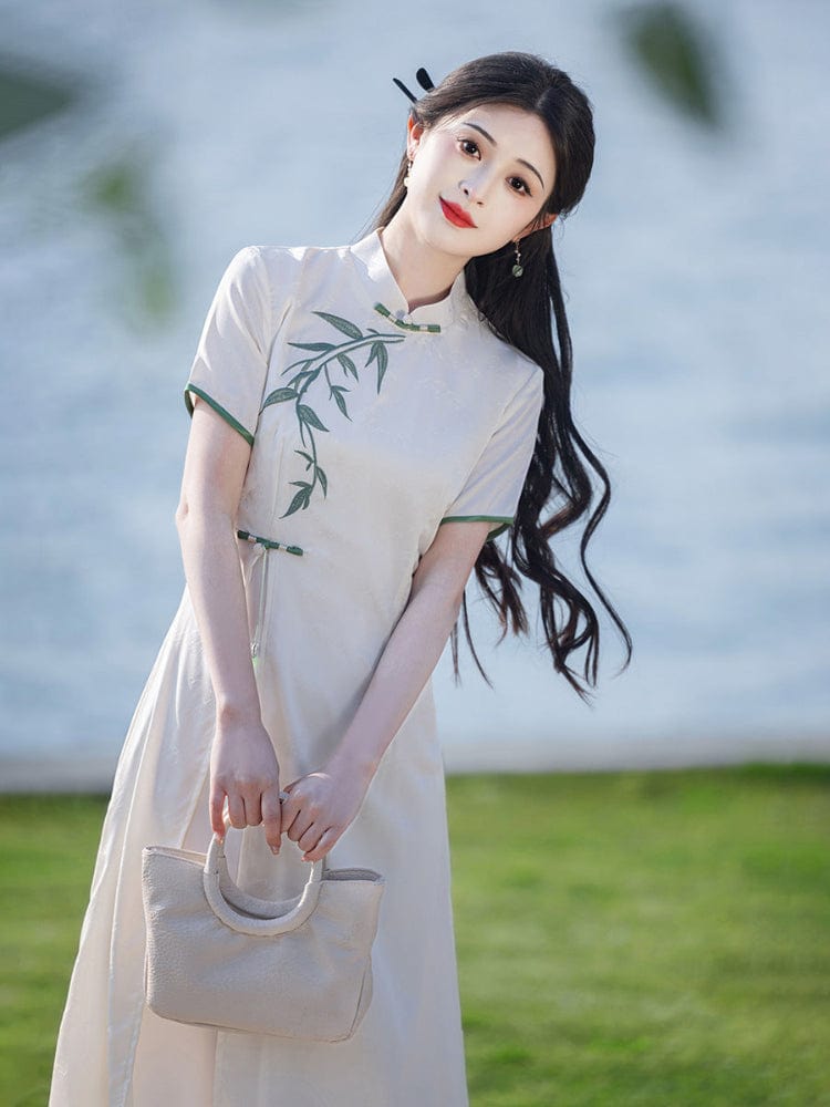 Beth and Brian Qipao-MYJ Leaf pattern, acetate fabric midi Ao dai