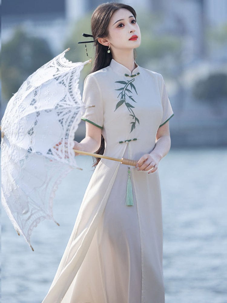 Beth and Brian Qipao-MYJ Leaf pattern, acetate fabric midi Ao dai