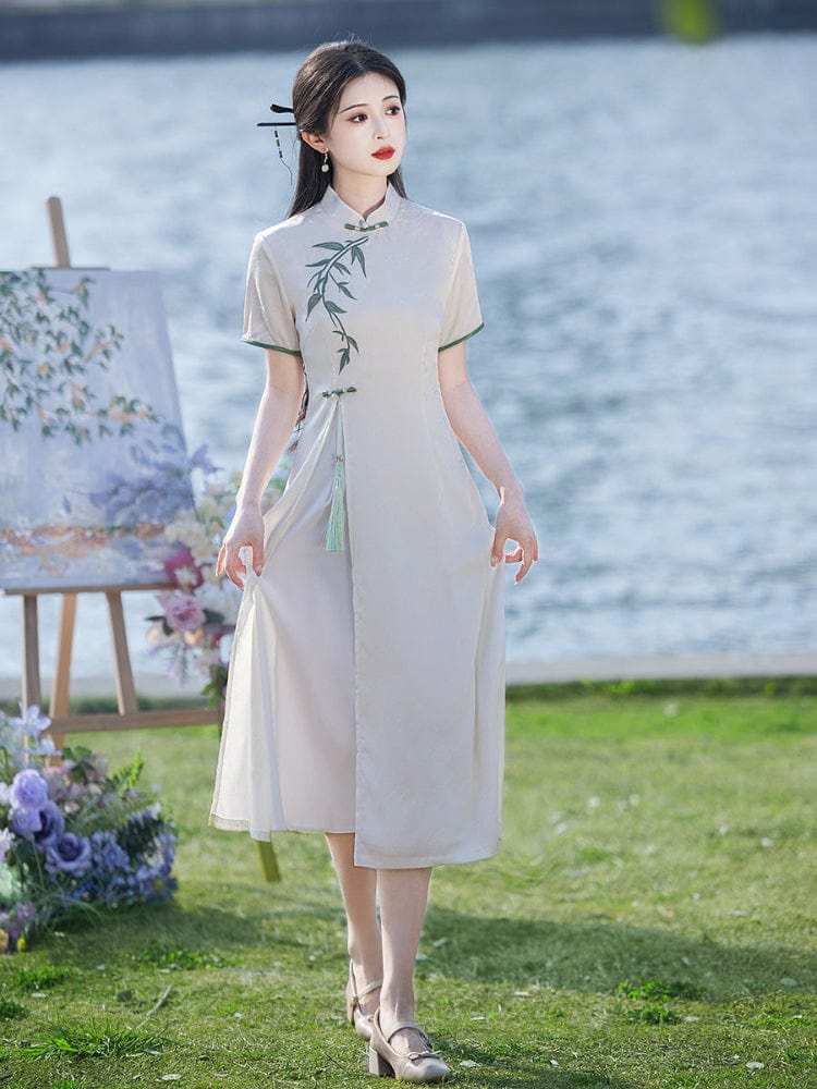 Beth and Brian Qipao-MYJ Leaf pattern, acetate fabric midi Ao dai