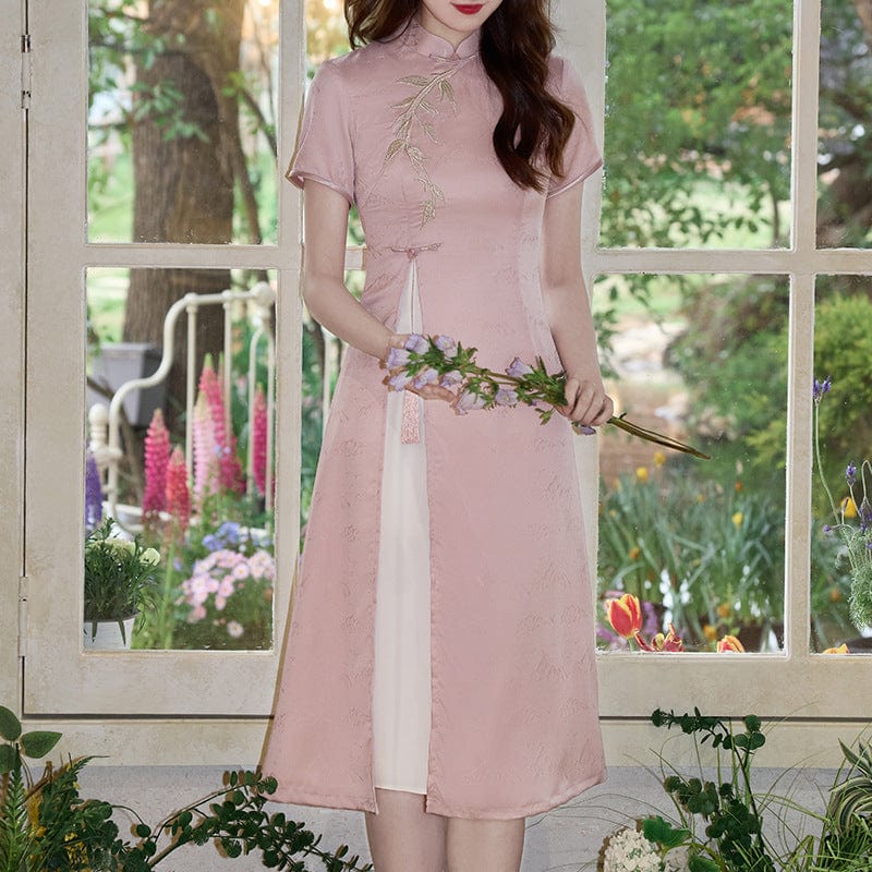 Beth and Brian Qipao-MYJ Leaf pattern, acetate fabric midi Ao dai