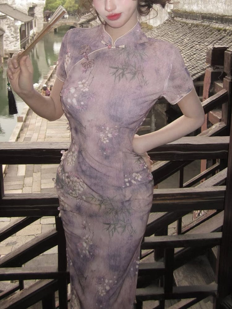 Beth and Brian Qipao-LSB Floral pattern, mesh fabric, purple midi Cheongsam