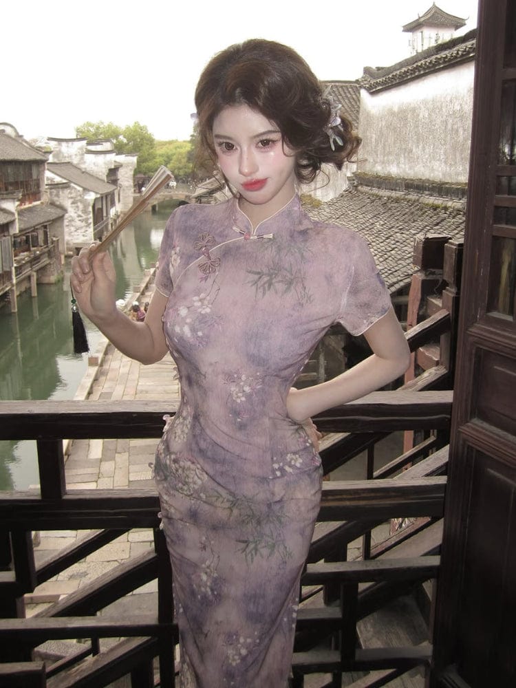 Beth and Brian Qipao-LSB Floral pattern, mesh fabric, purple midi Cheongsam