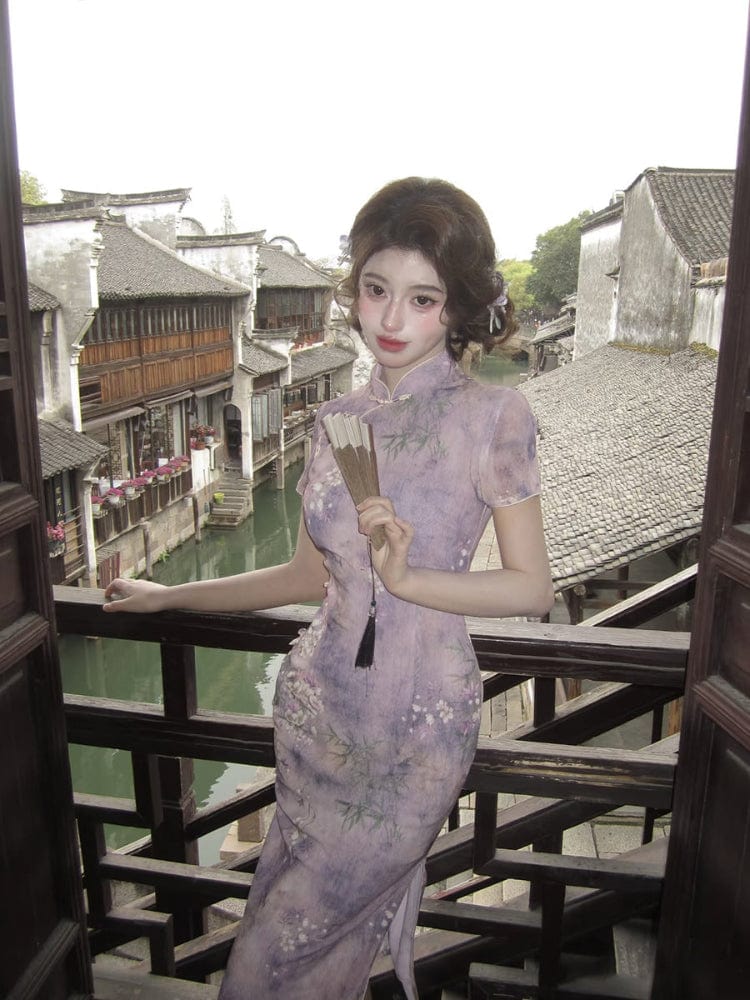 Beth and Brian Qipao-LSB Floral pattern, mesh fabric, purple midi Cheongsam