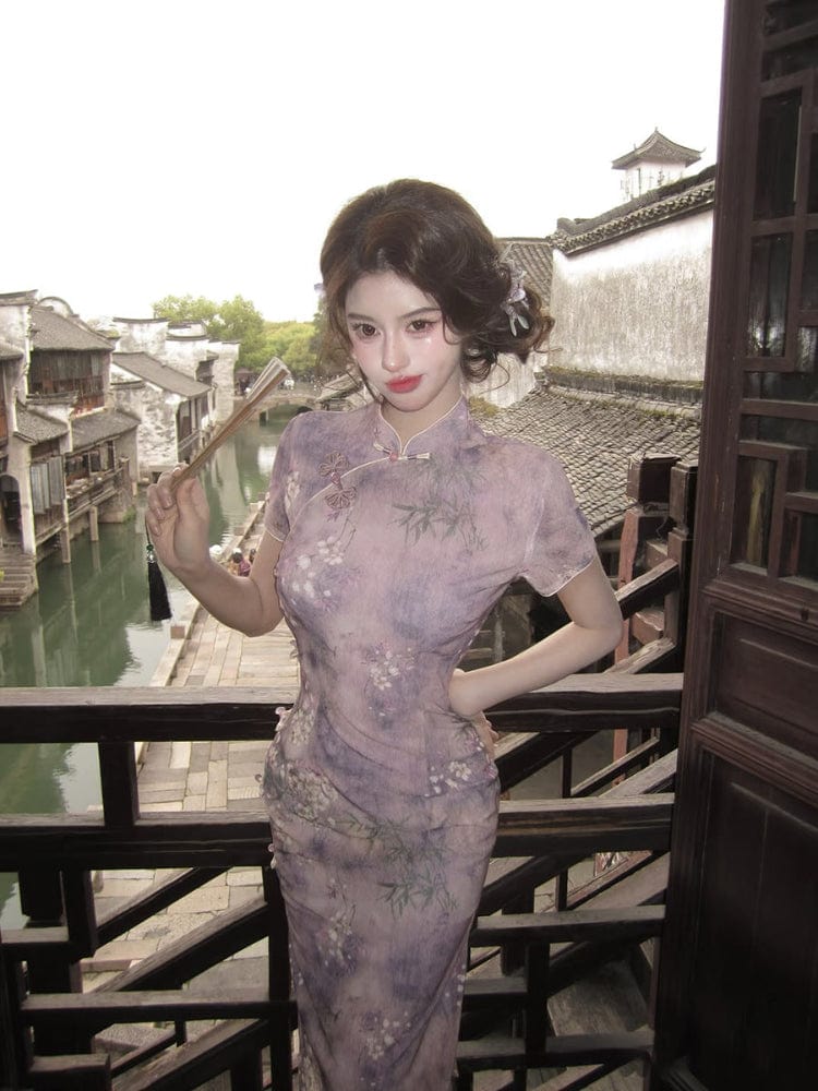 Beth and Brian Qipao-LSB Floral pattern, mesh fabric, purple midi Cheongsam