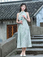 Beth and Brian Qipao-LSB New Chinese style (新中式), bamboo leaf pattern, green midi Cheongsam