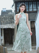 Beth and Brian Qipao-LSB New Chinese style (新中式), bamboo leaf pattern, green midi Cheongsam