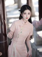Beth and Brian Qipao-LSB Floral pattern, lace pink midi Ao dai