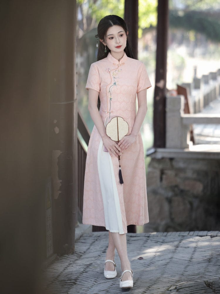Beth and Brian Qipao-LSB Floral pattern, lace pink midi Ao dai