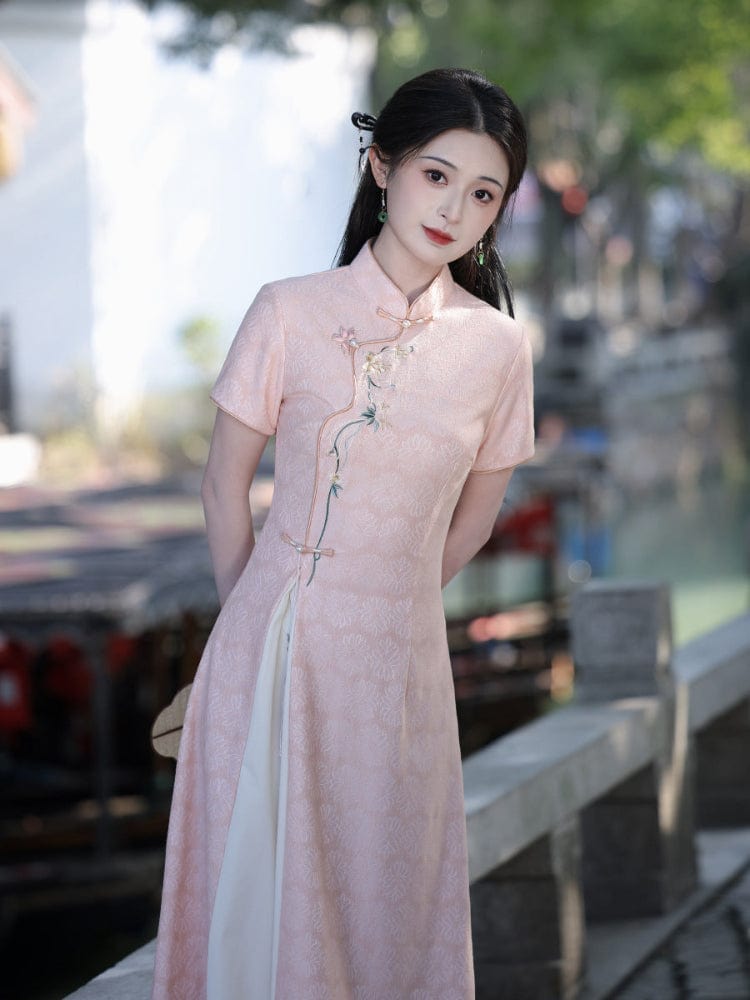 Beth and Brian Qipao-LSB Floral pattern, lace pink midi Ao dai