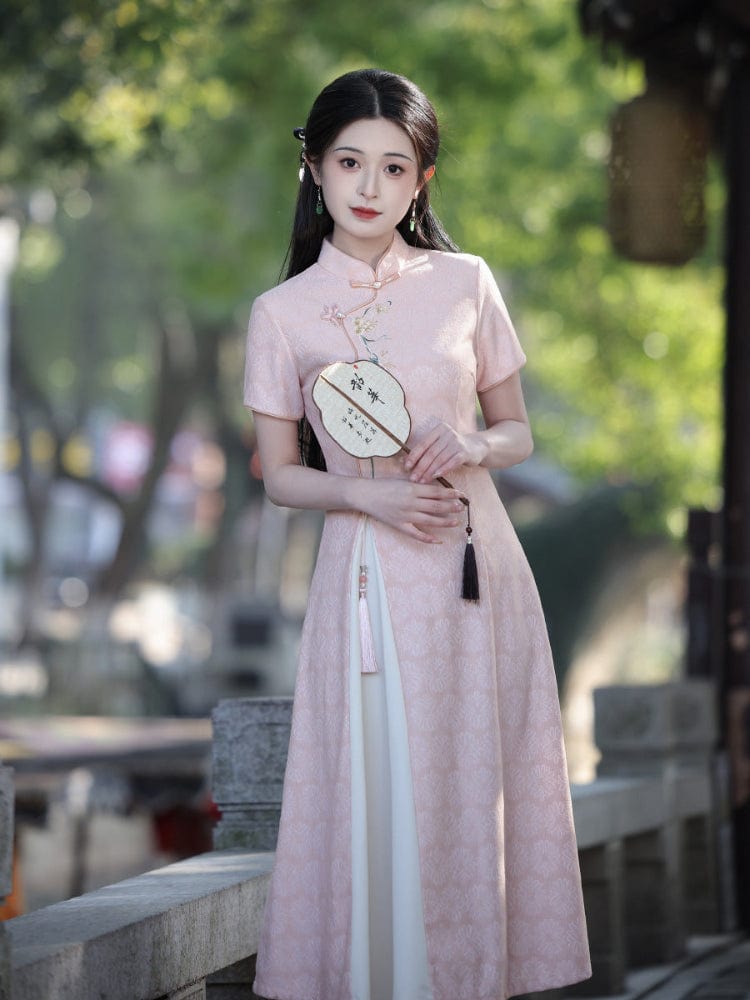 Beth and Brian Qipao-LSB Floral pattern, lace pink midi Ao dai