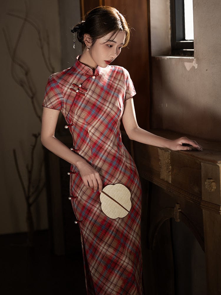 Beth and Brian Qipao-LSB Plaid pattern, daily red midi Cheongsam