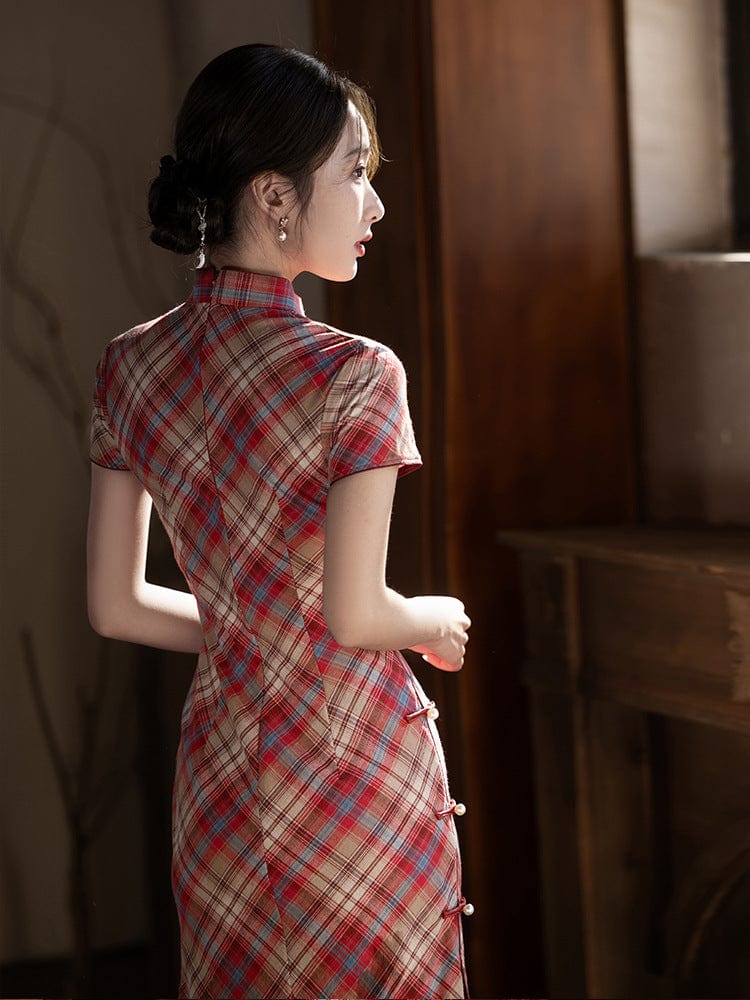 Beth and Brian Qipao-LSB Plaid pattern, daily red midi Cheongsam