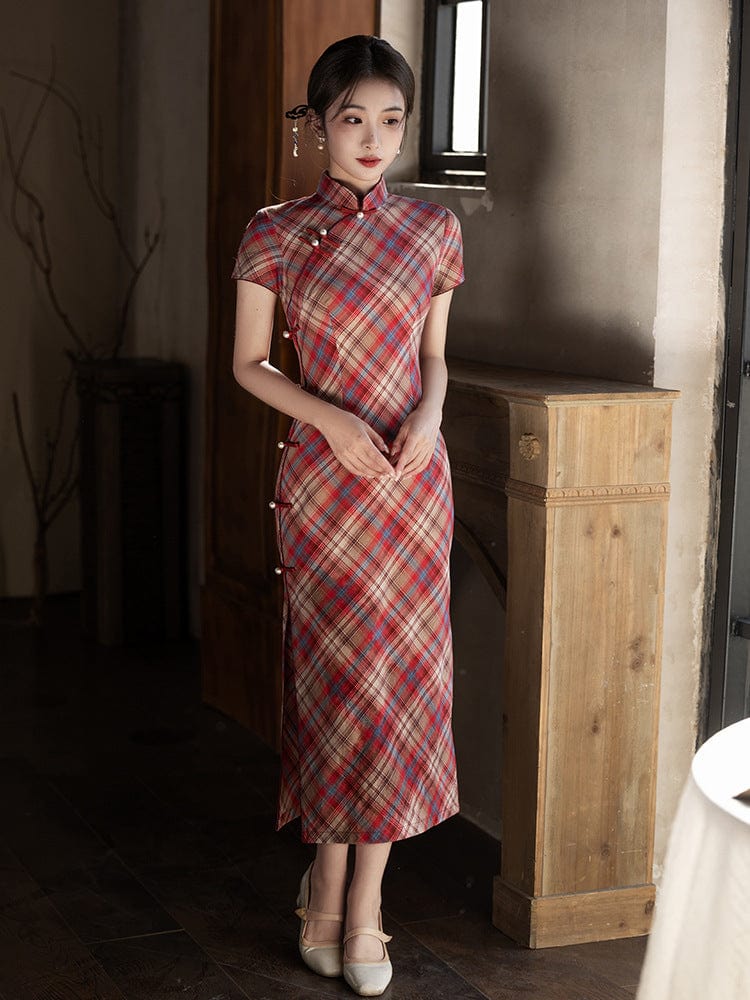 Beth and Brian Qipao-LSB Plaid pattern, daily red midi Cheongsam