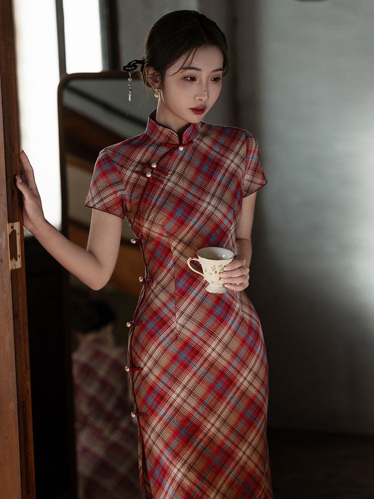 Beth and Brian Qipao-LSB Plaid pattern, daily red midi Cheongsam