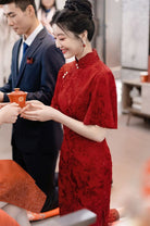 Beth and Brian Qipao-XSX Floral pattern, wine red, lace mid-length Cheongsam