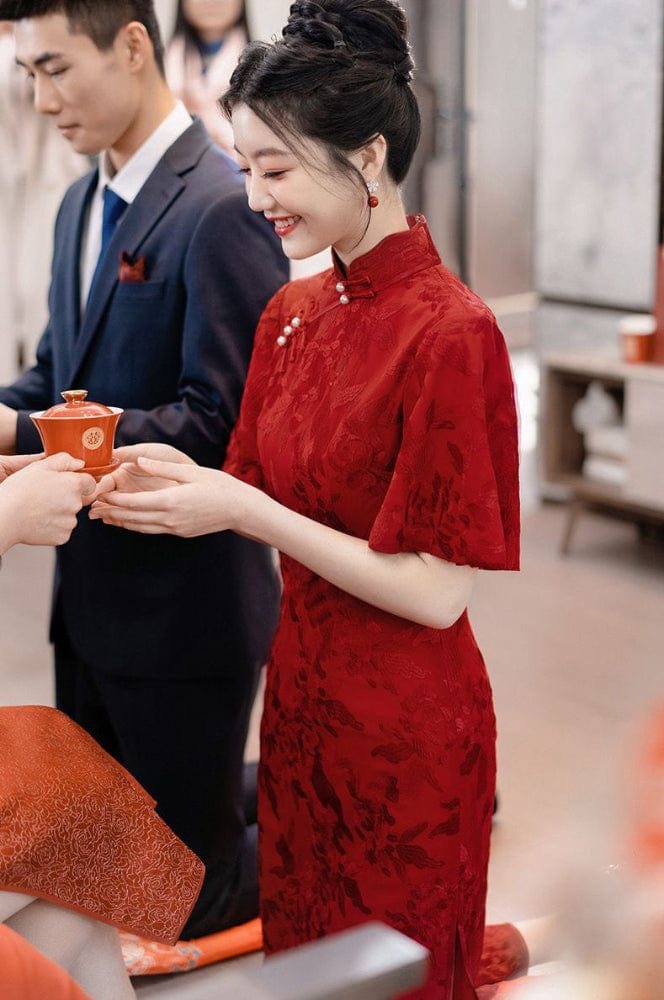 Beth and Brian Qipao-XSX Floral pattern, wine red, lace mid-length Cheongsam