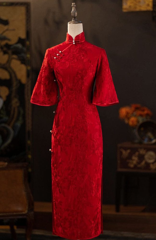 Beth and Brian Qipao-XSX Floral pattern, wine red, lace mid-length Cheongsam