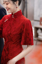 Beth and Brian Qipao-XSX Floral pattern, wine red, lace mid-length Cheongsam