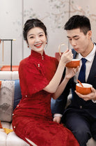 Beth and Brian Qipao-XSX Floral pattern, wine red, lace mid-length Cheongsam