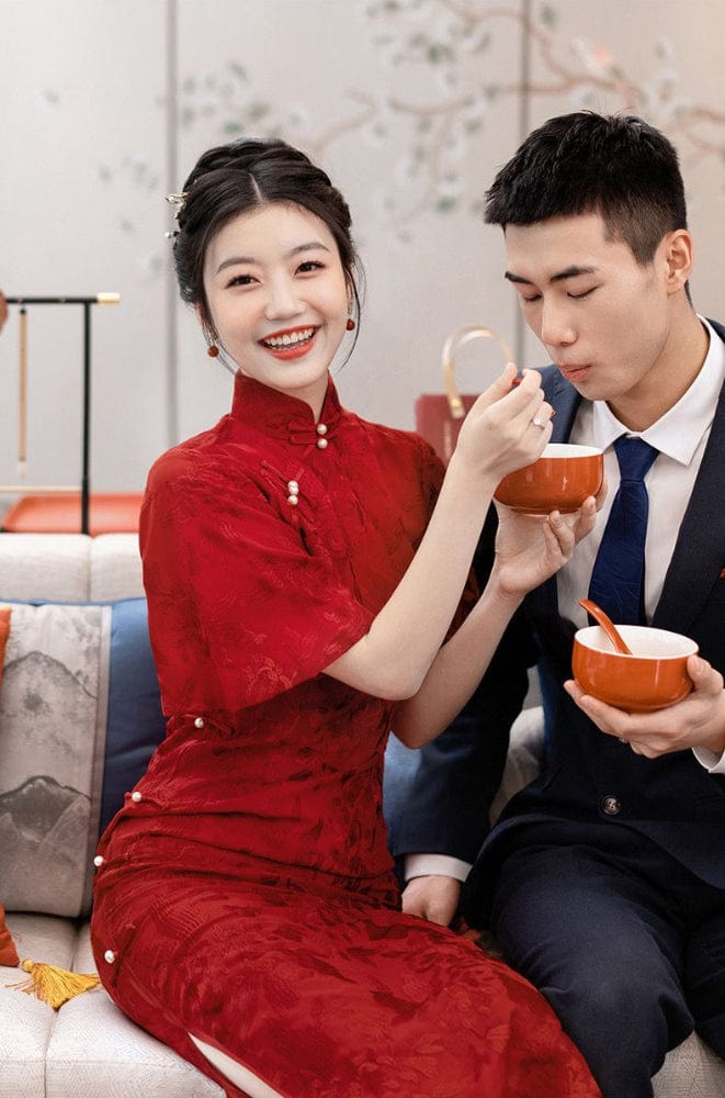 Beth and Brian Qipao-XSX Floral pattern, wine red, lace mid-length Cheongsam