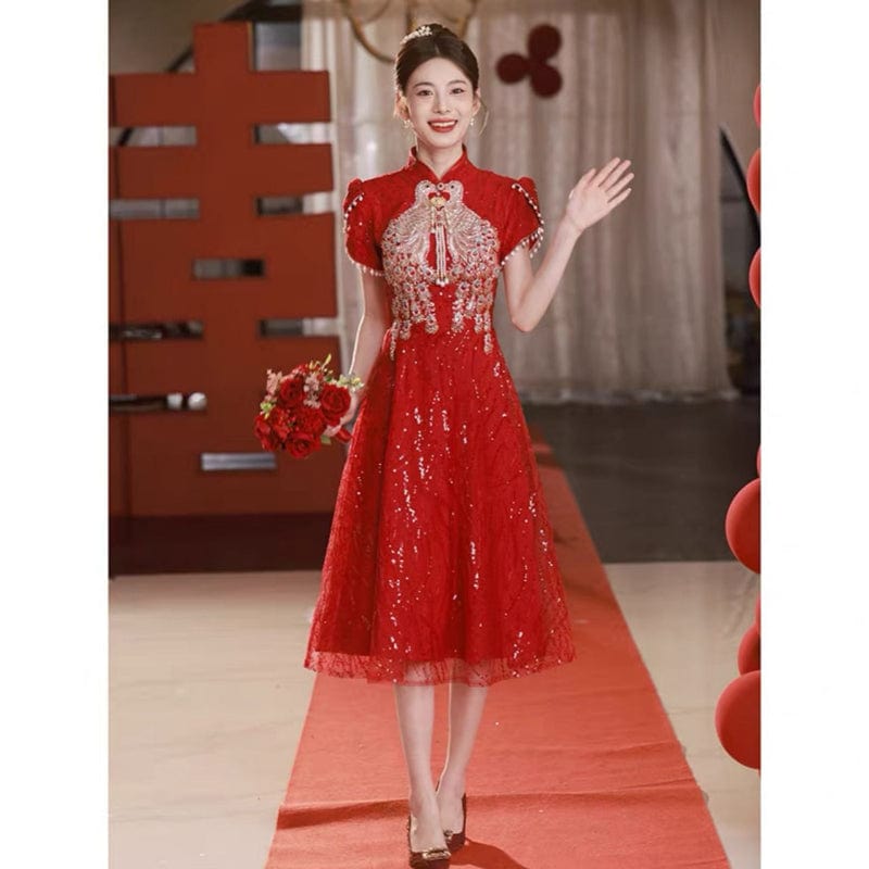 Beth and Brian Qipao-BSNG Peacock embroidery, lace fabric, A-line, wedding midi Cheongsam