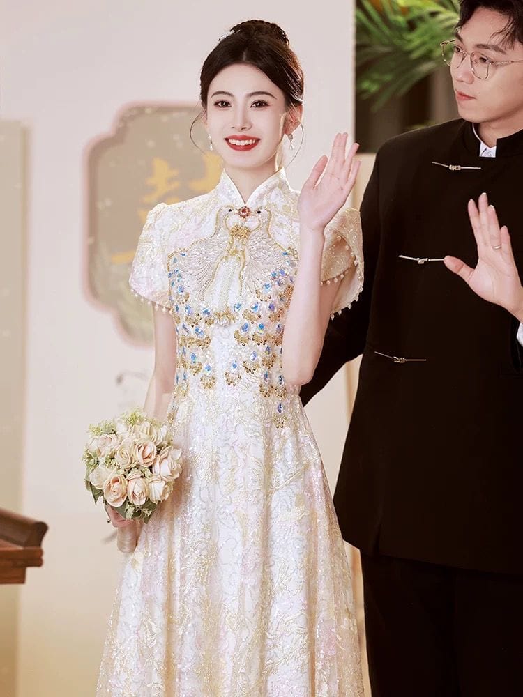 Beth and Brian Qipao-BSNG Peacock embroidery, lace fabric, A-line, wedding midi Cheongsam
