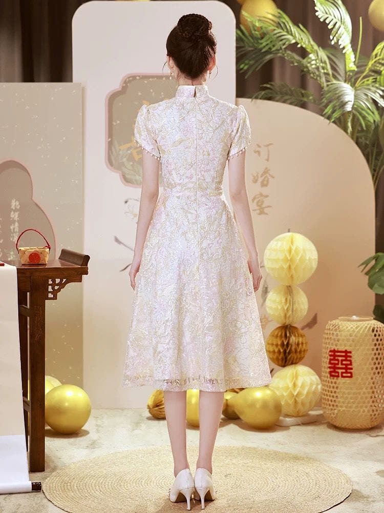 Beth and Brian Qipao-BSNG Peacock embroidery, lace fabric, A-line, wedding midi Cheongsam