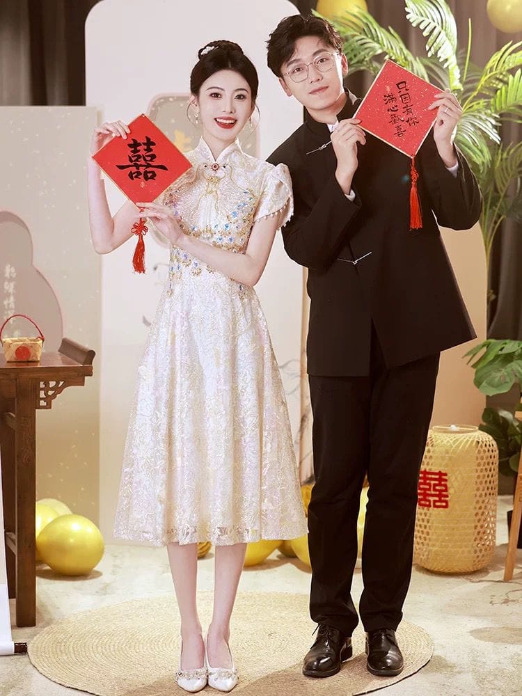 Beth and Brian Qipao-BSNG Peacock embroidery, lace fabric, A-line, wedding midi Cheongsam