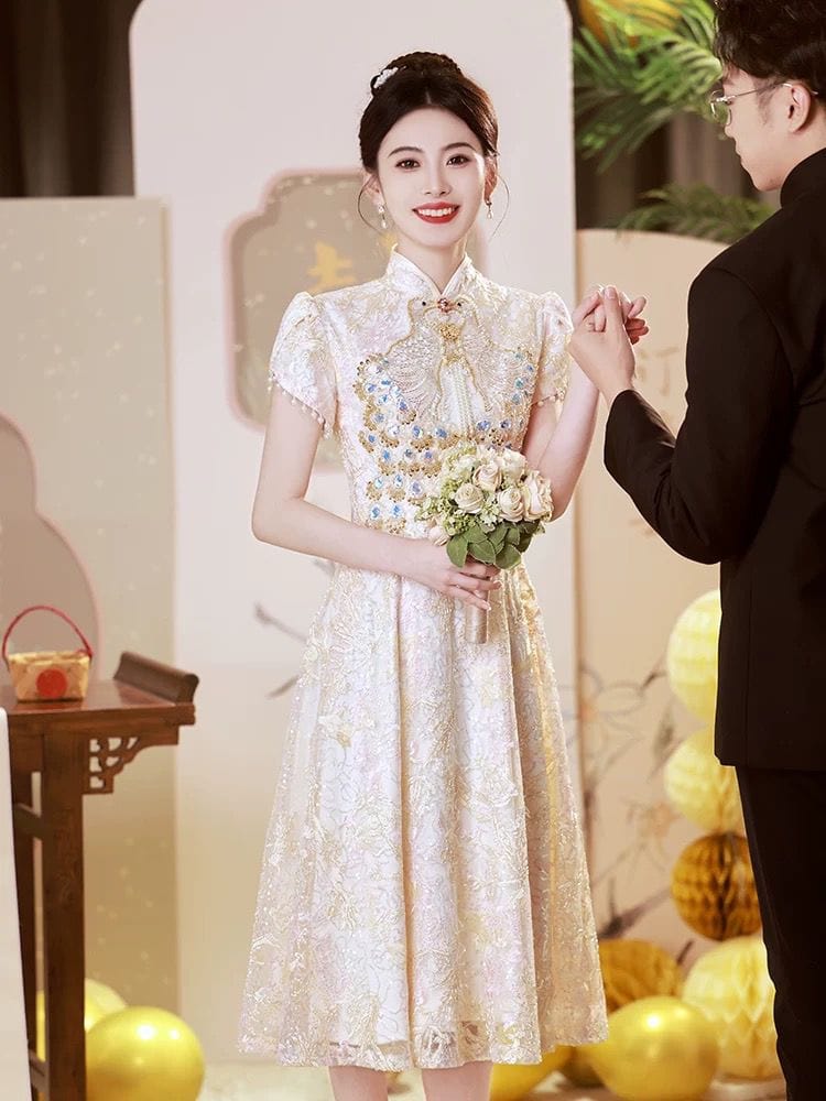 Beth and Brian Qipao-BSNG Peacock embroidery, lace fabric, A-line, wedding midi Cheongsam