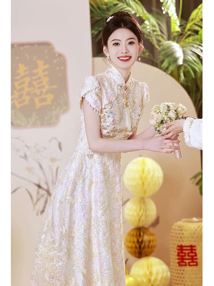 Beth and Brian Qipao-BSNG Peacock embroidery, lace fabric, A-line, wedding midi Cheongsam
