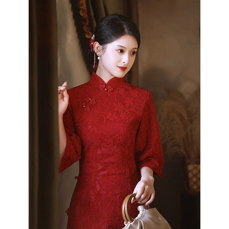 Beth and Brian Qipao-LSB Floral pattern, wine red, lace mid-length Cheongsam
