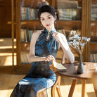 Beth and Brian Qipao-YS New Chinese style (新中式), Halter blue midi Cheongsam