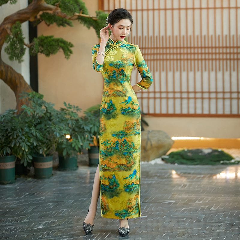 Beth and Brian Qipao-QCYJ Thousand Miles of Mountains and Rivers pattern, plus size long Cheongsam