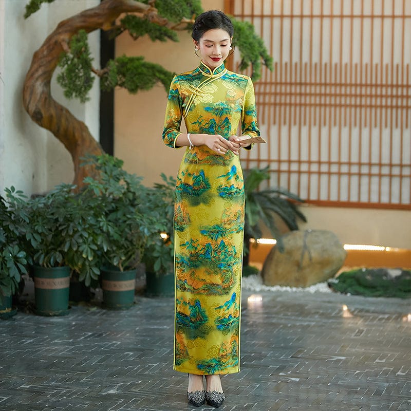 Beth and Brian Qipao-QCYJ Thousand Miles of Mountains and Rivers pattern, plus size long Cheongsam