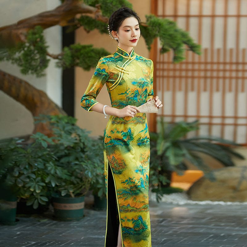 Beth and Brian Qipao-QCYJ Thousand Miles of Mountains and Rivers pattern, plus size long Cheongsam